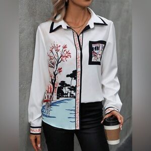 Button up satin small Elegant White Printed Women's Top